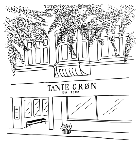 En tegning af Tante Grøns facade.